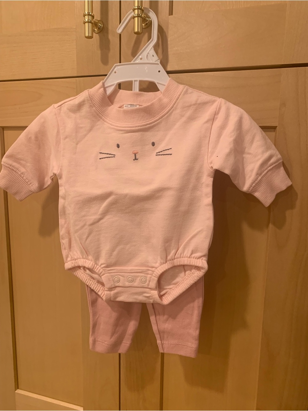 Pink Cotton Baby Bodysuit with Cat Face and pink pants